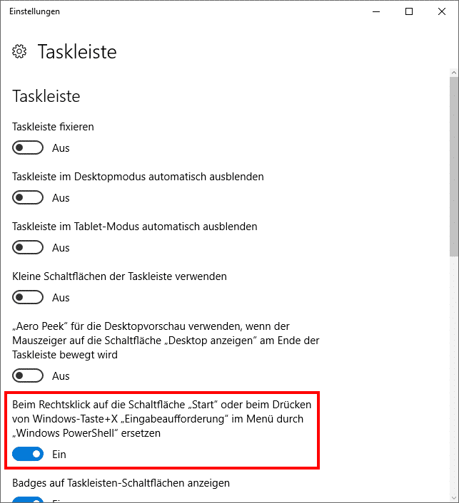 Im Win+X Menü Eingabeaufforderung durch PowerShell ersetzen