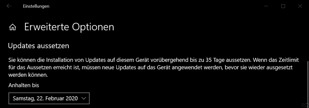 Sie können die Installation von Updates auf diesem Gerät vorübergehend bis zu 35 Tage aussetzen...