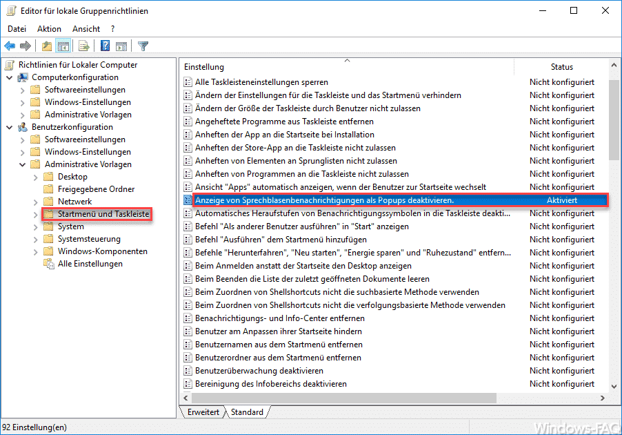 Anzeige von Sprechblasenbenachrichtigungen als Popups deaktivieren