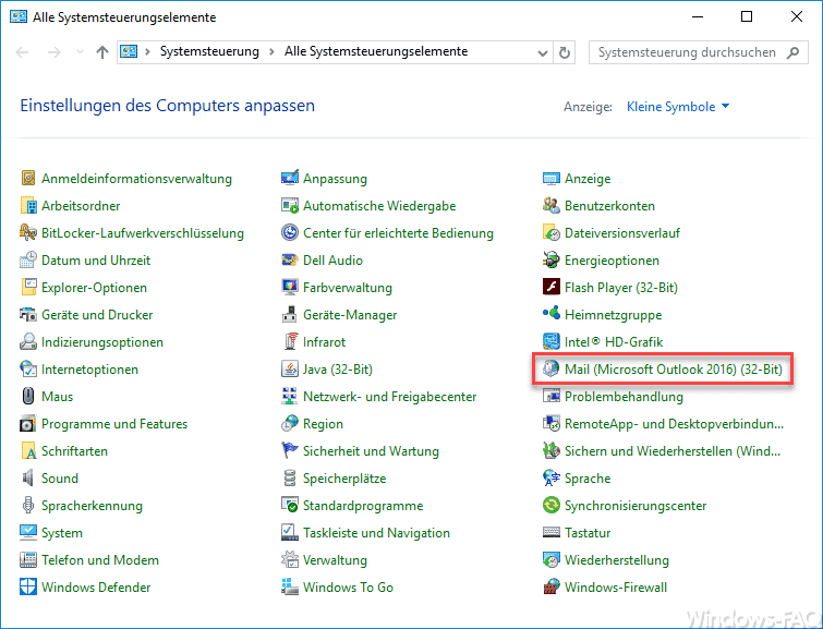 Systemsteuerung Mail Microsoft Outlook 2016 32-Bit