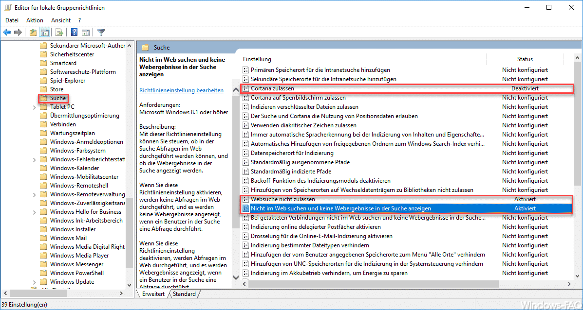 Windows 10 Bing Suchergebnisse (Cortana) ausschalten