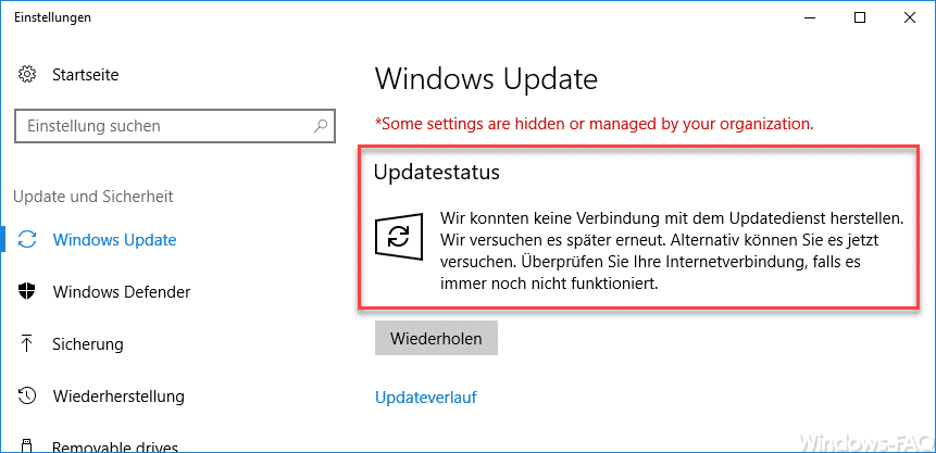 Wir konnten keine Verbindung mit dem Updatedienst herstellen. Wir versuchen es später erneut …..
