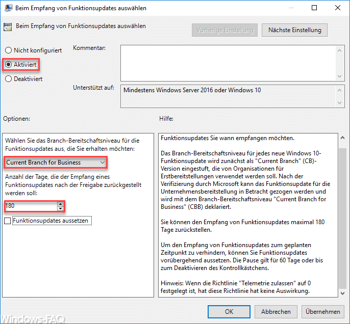 Windows 10 Installation von Feature Updates per Gruppenrichtlinie zurückstellen