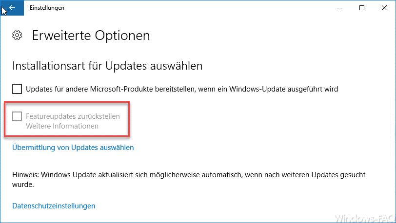 Featureupdates zurückstellen