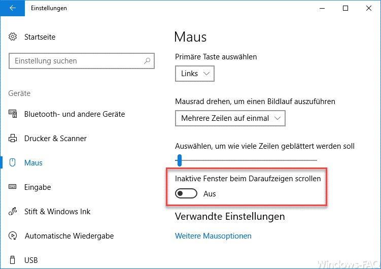 Inaktive Fenster beim Daraufzeigen scrollen – Windows 10 Maus Einstellung