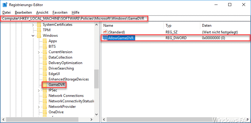 AllowGameDVR - Game Modus unter Windows 10 deaktivieren