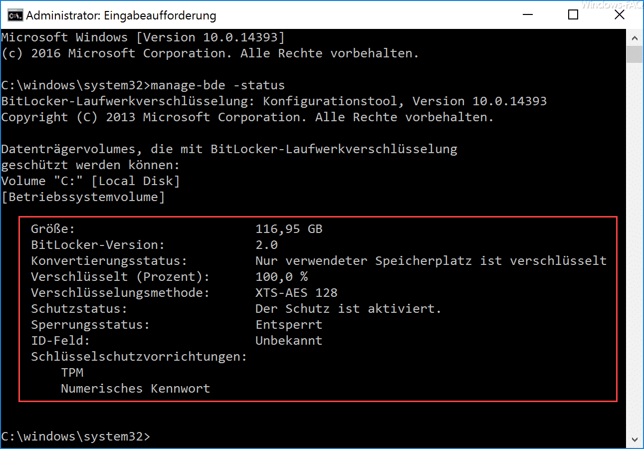 Anzeige der Bitlocker Verschlüsselungs-Einstellungen mit „Manage-BDE“