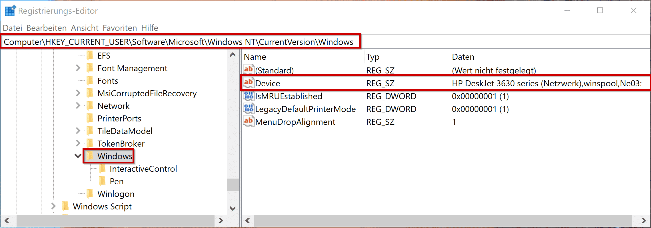 Device - Standarddrucker in der Registry