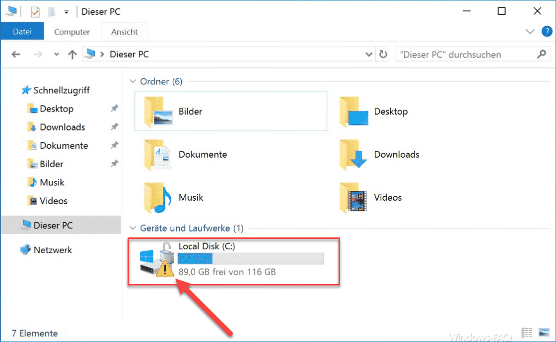 Ausrufezeichen auf Systempartition im Windows 10 Explorer