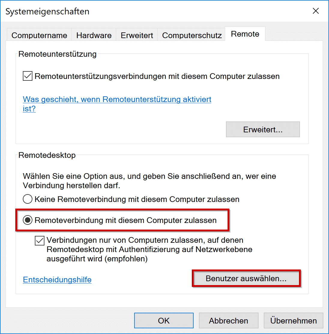 Remoteverbindung mit diesem Computer zulassen