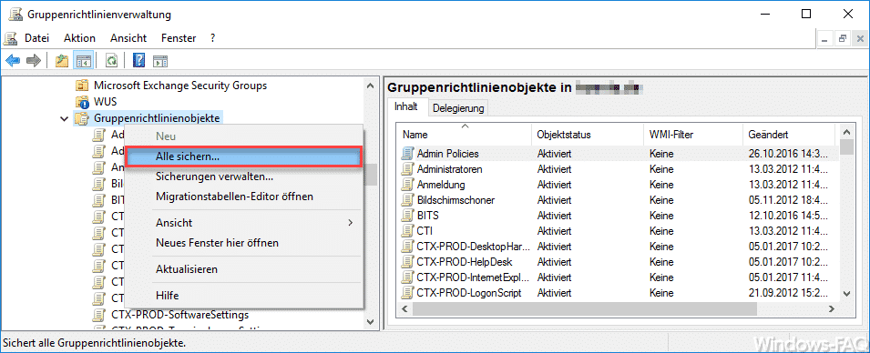 Sichern der Gruppenrichtlinien über die Gruppenrichtlinienverwaltung