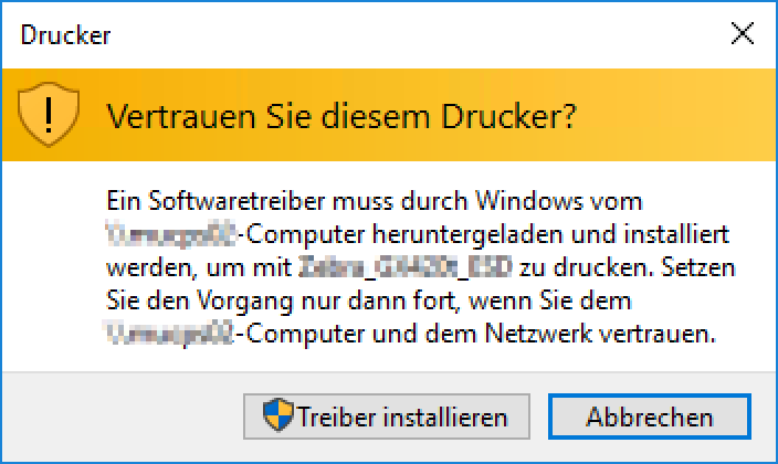 Vertrauen Sie diesem Drucker? Ein Softwaretreiber muss durch Windows vom Computer heruntergeladen