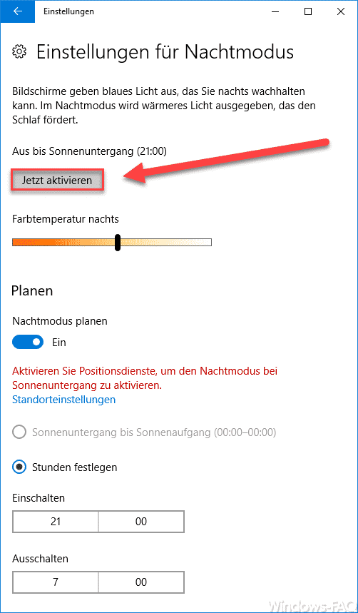 Windows 10 Nachtmodus aktivieren bzw. deaktivieren