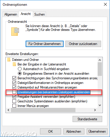 Erweiterungen bei bekannten Dateitypen ausblenden