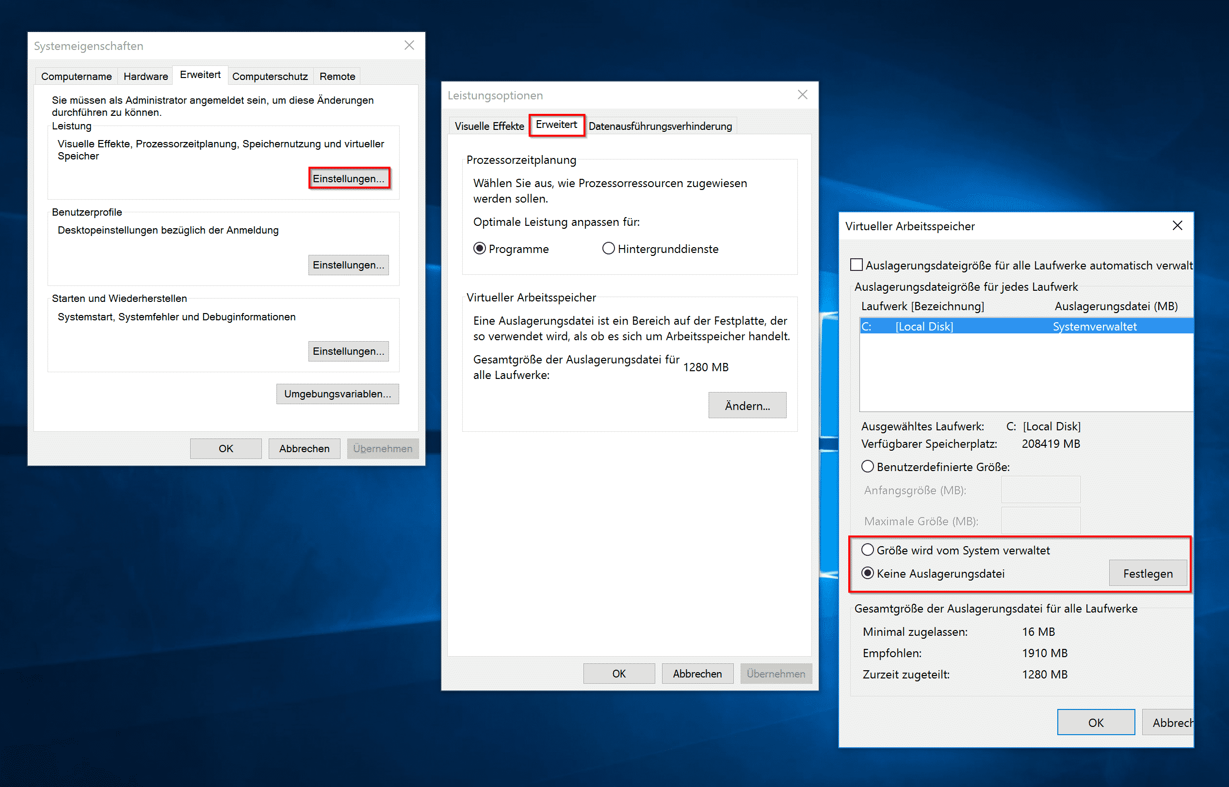 Virtuellen Arbeitsspeicher deaktivieren