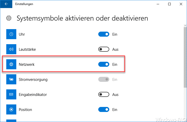 Netzwerk Systemsymbol ausblenden