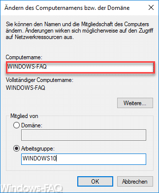 Ändern des Computernamens bzw. der Domäne