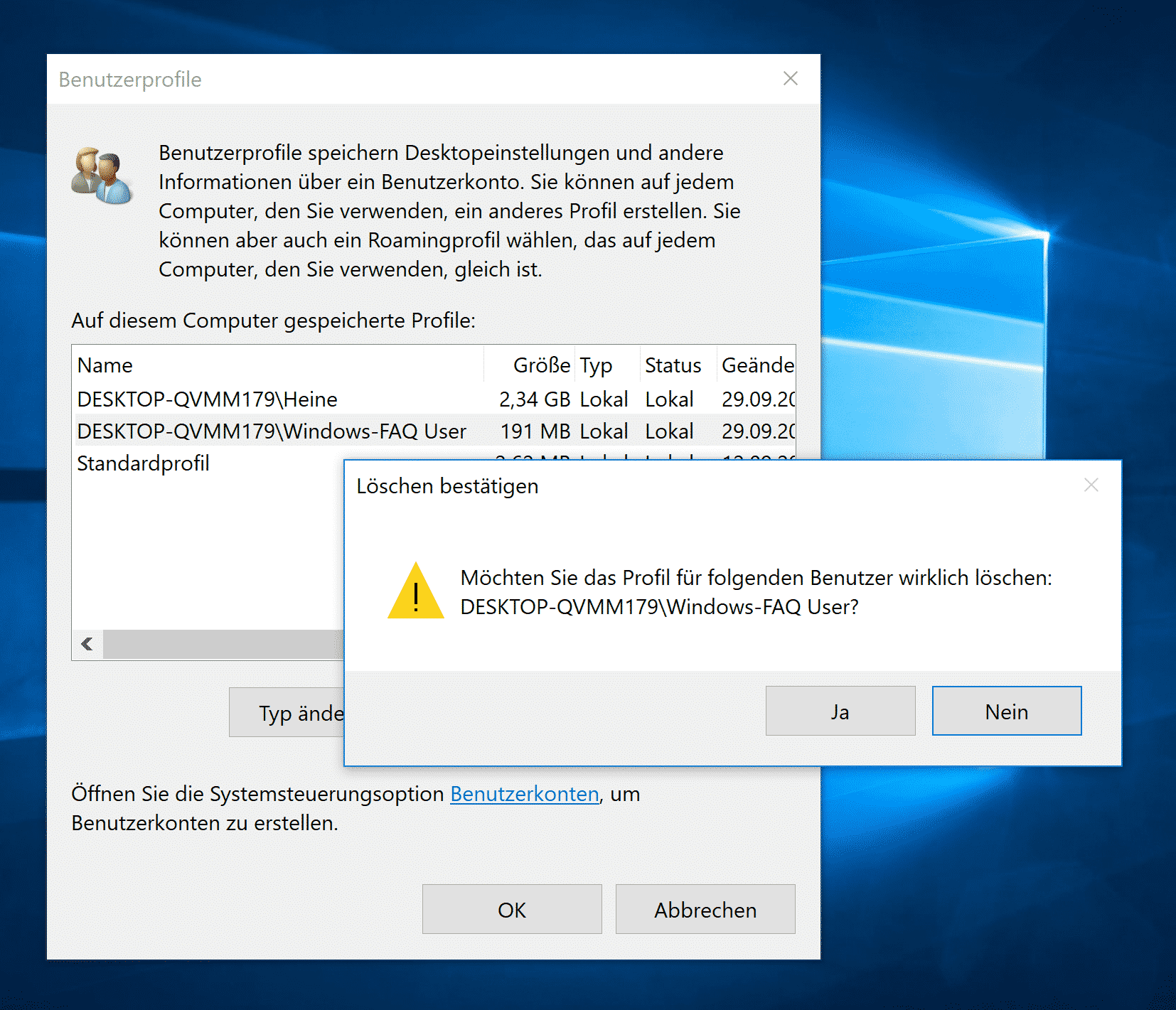 Windows Profile löschen