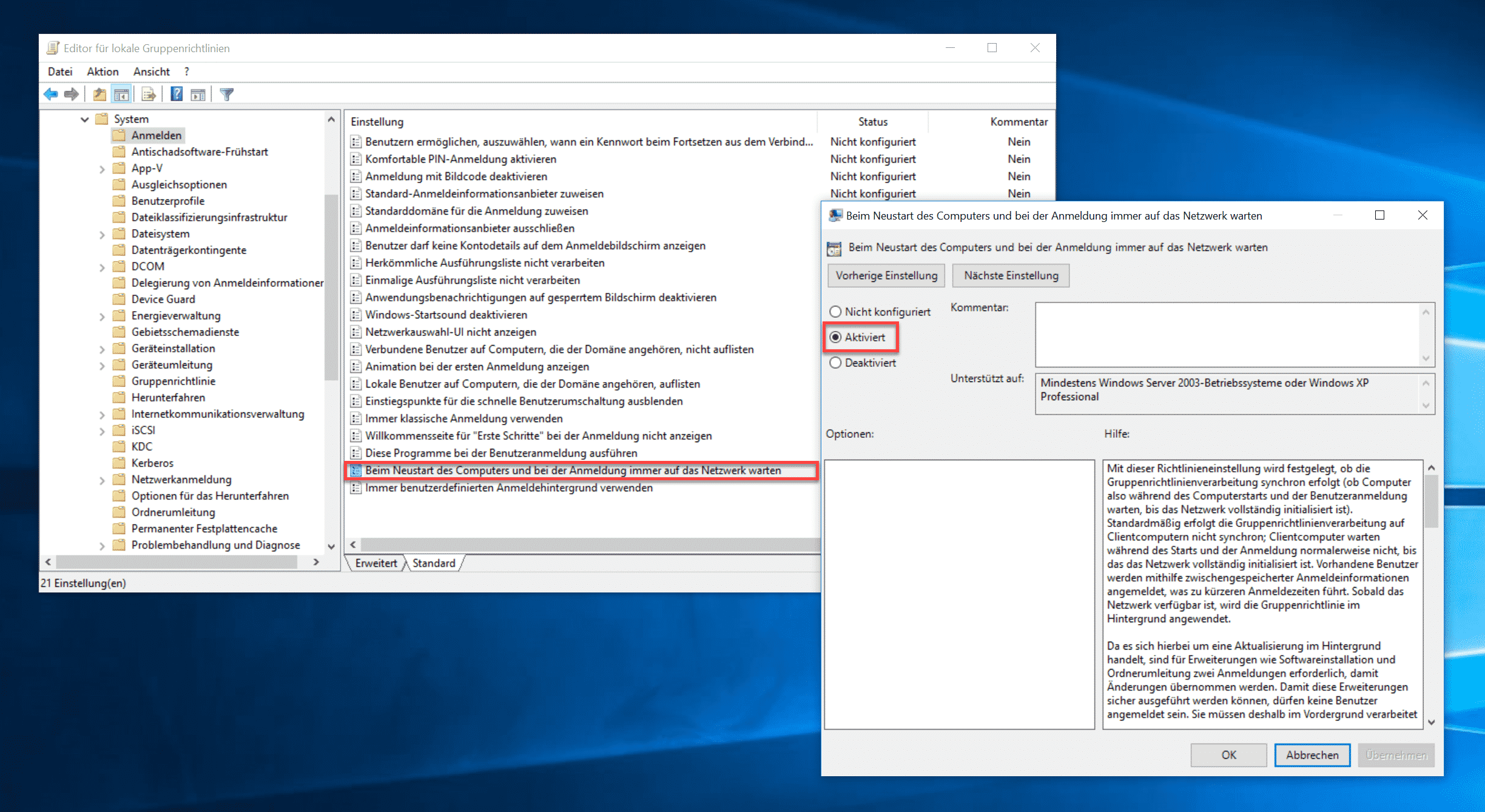 Beim Neustarten des Computers und bei der Anmeldung immer auf das Netzwerk warten