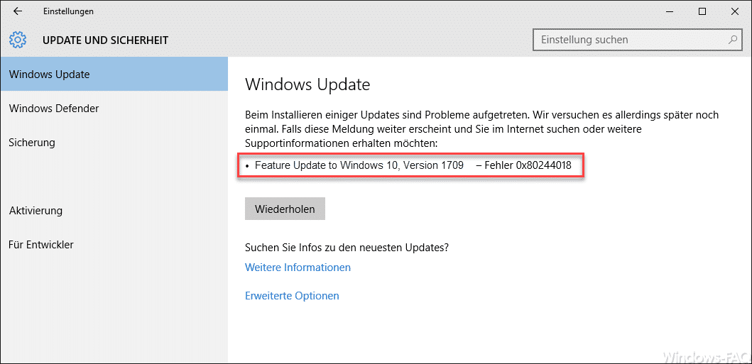 Fehlercode 0x80244018 beim Windows Update