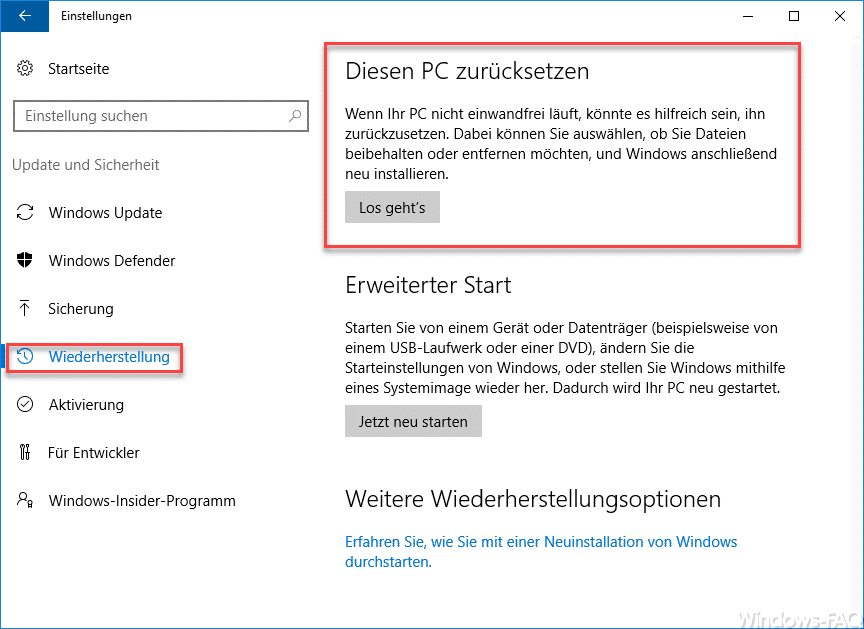 Surface Windows zurücksetzen