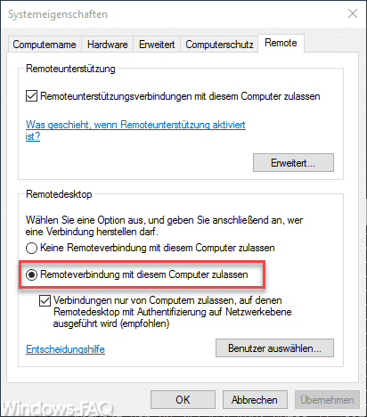 Remoteverbindung mit diesem Computer zulassen.