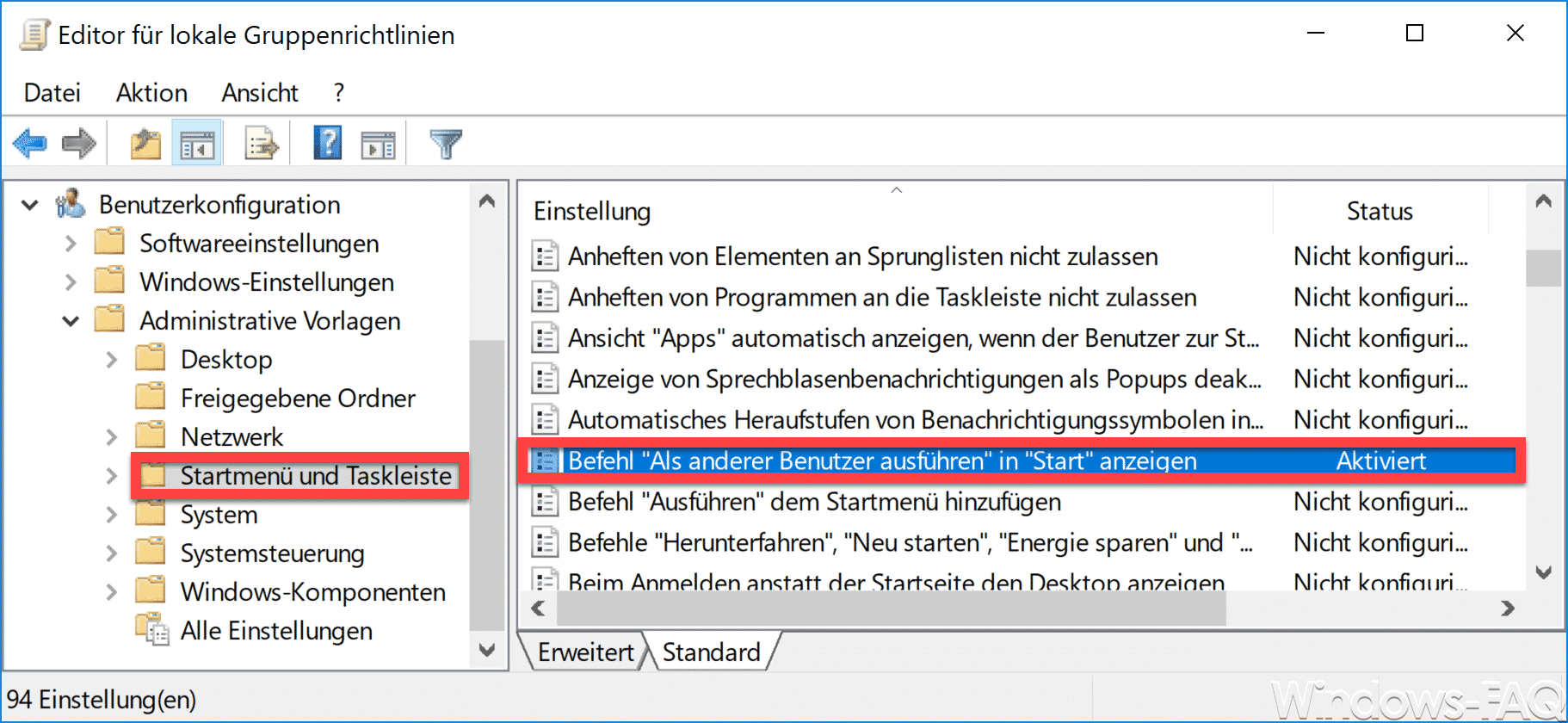 Befehl Als anderer Benutzer ausführen in Start anzeigen