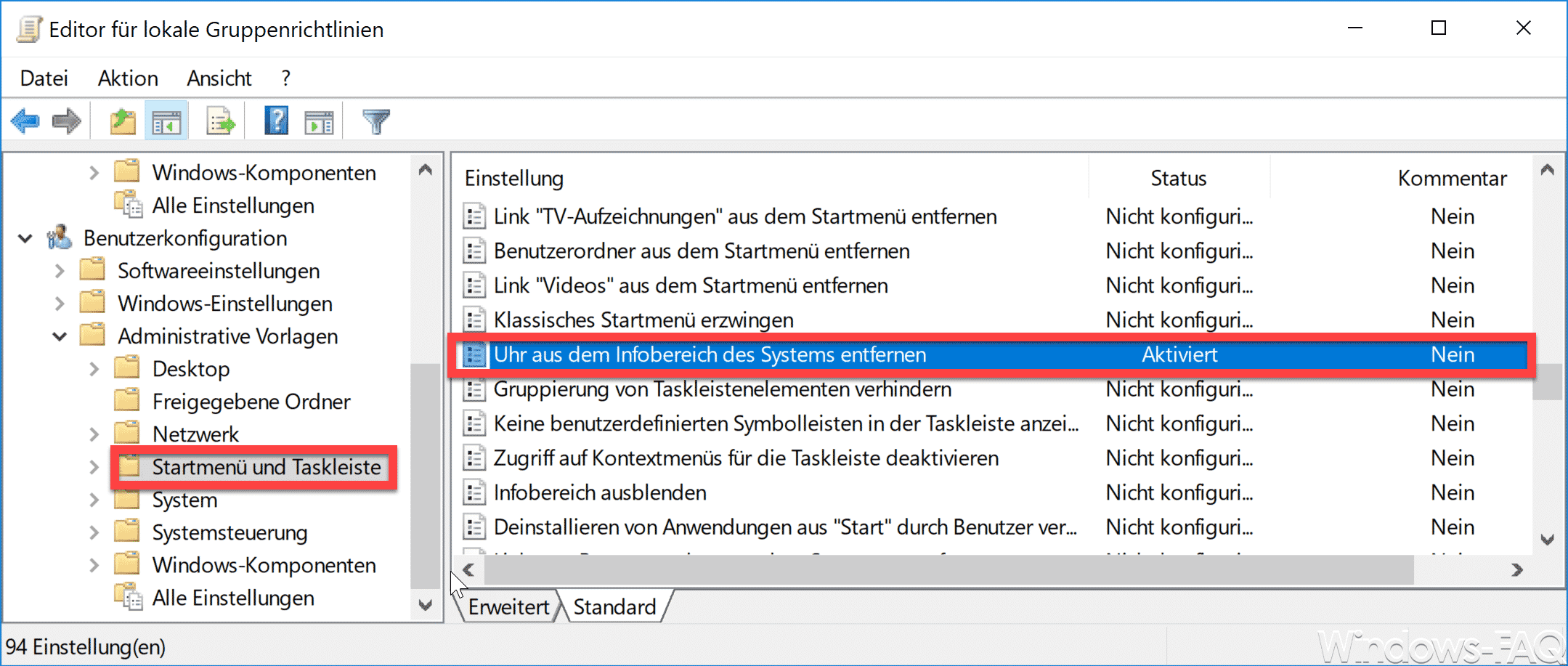 Uhr aus dem Infobereich des Systems entfernen