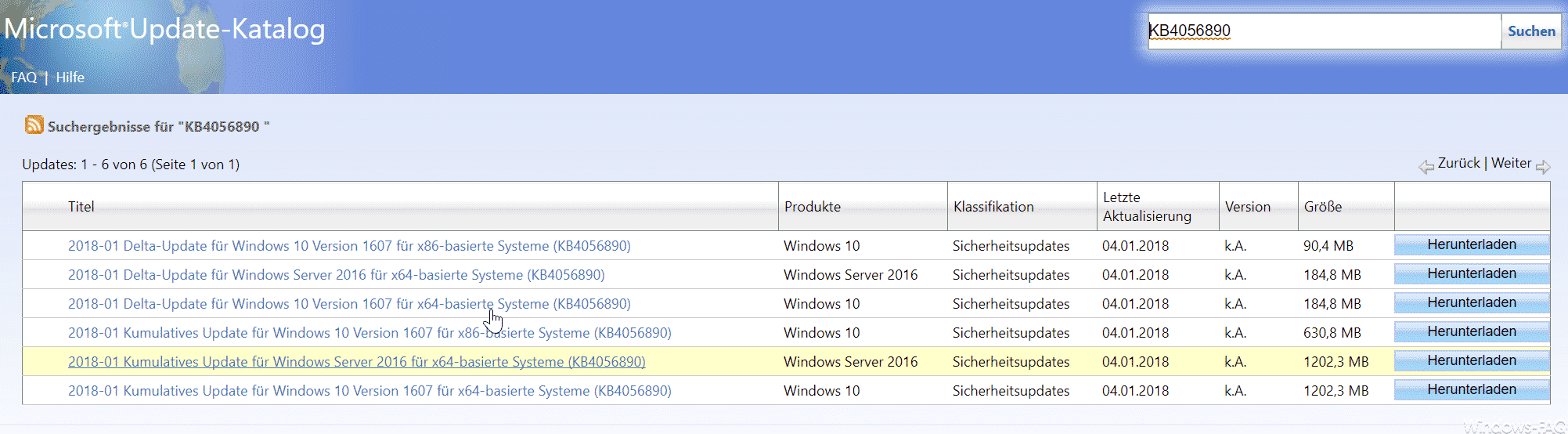 KB4056890 für Windows 10 Anniversary Version 1607 Build 14393.2007 erschienen