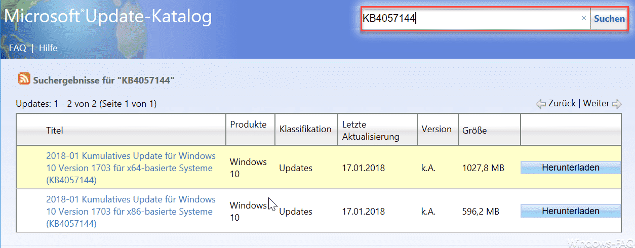 KB4057144 Download für Windows 10 1607 Creators Update Build 15063.877
