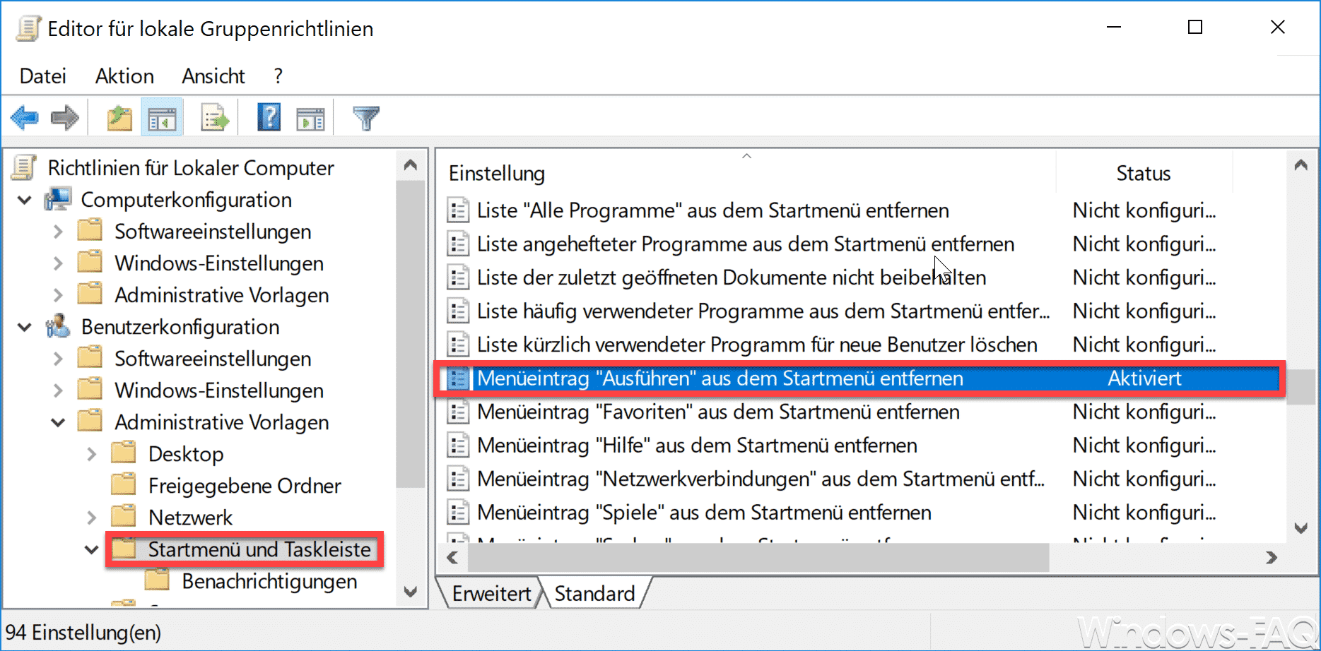 Menüeintrag Ausführen aus dem Startmenü entfernen