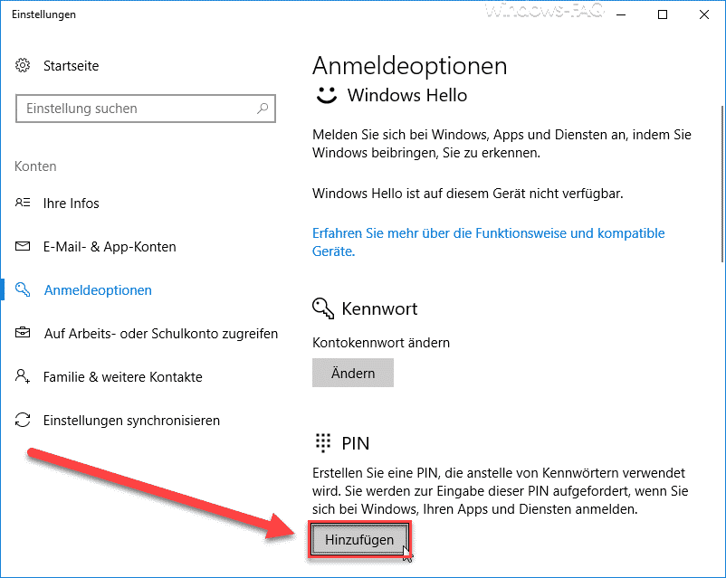 PIN hinzufügen Windows 10