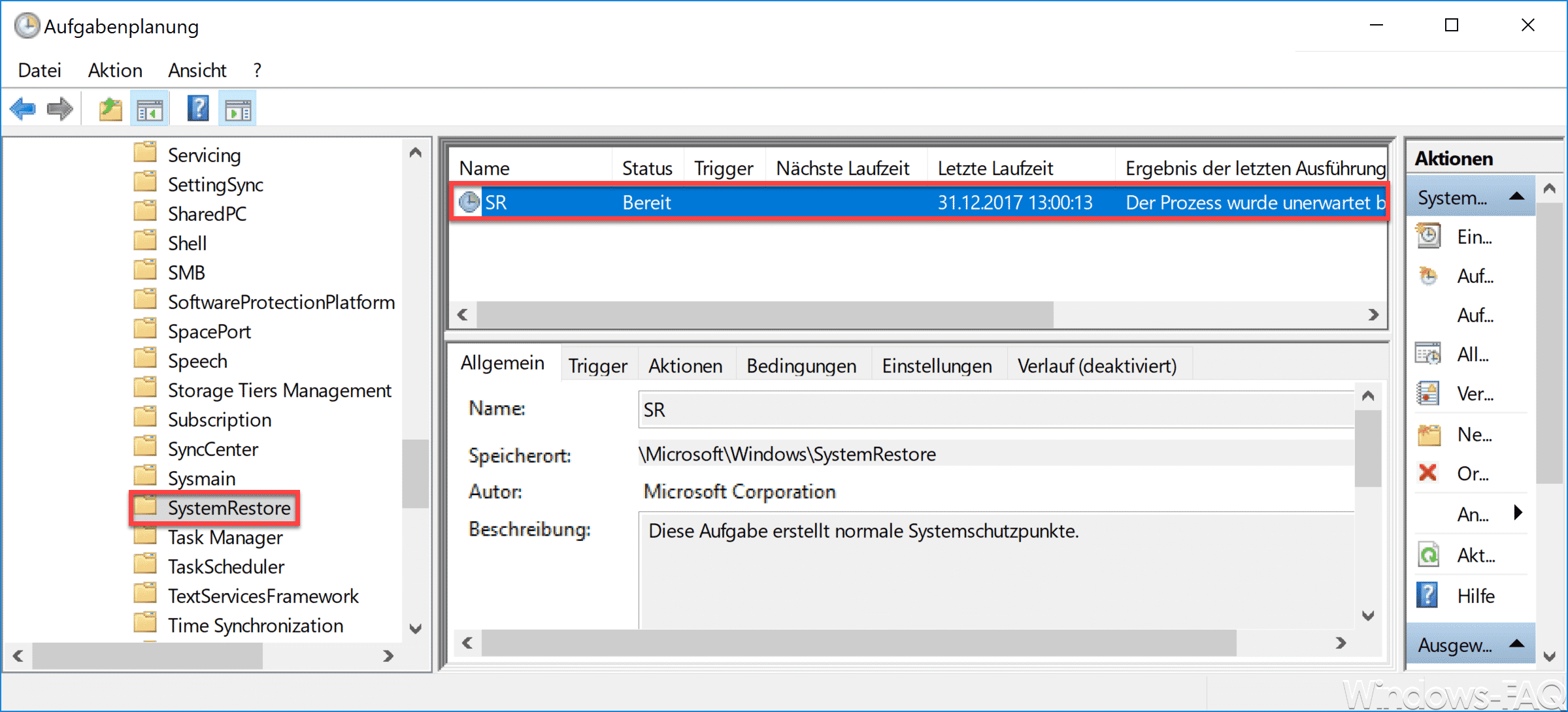Windows Augabenplanung SystemRestore SR