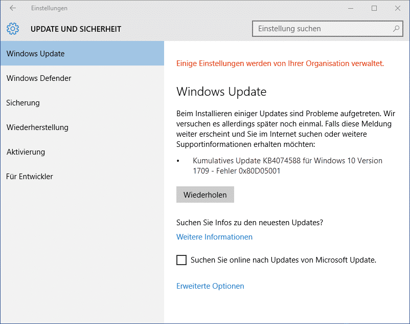 0x80D05001 Fehlercode beim Windows 10 Update