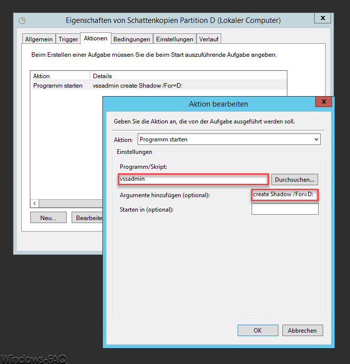 Aufgabenplanung vssadmin