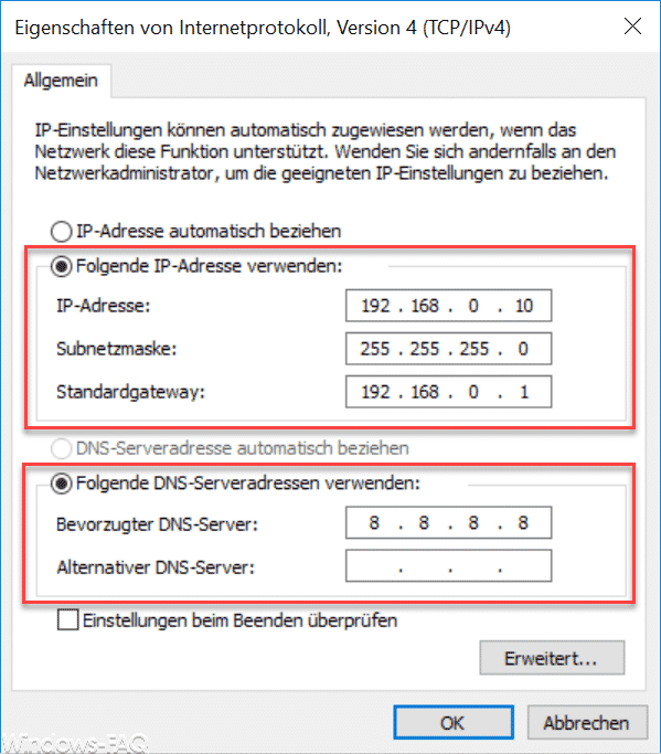 Feste IP Adresse festlegen
