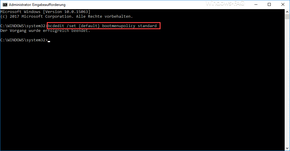 bcdedit /set {default} bootmenupolicy standard