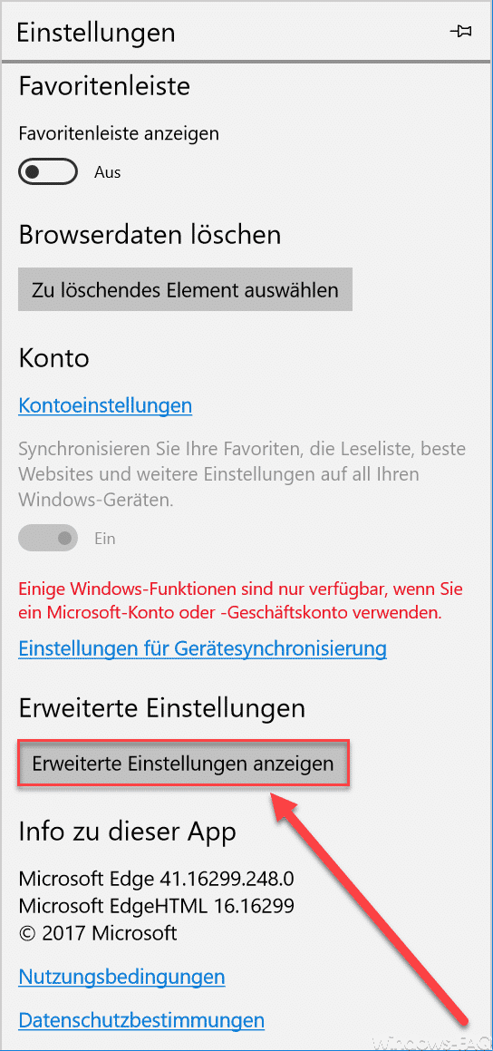 Edge Erweiterte Einstellungen anzeigen