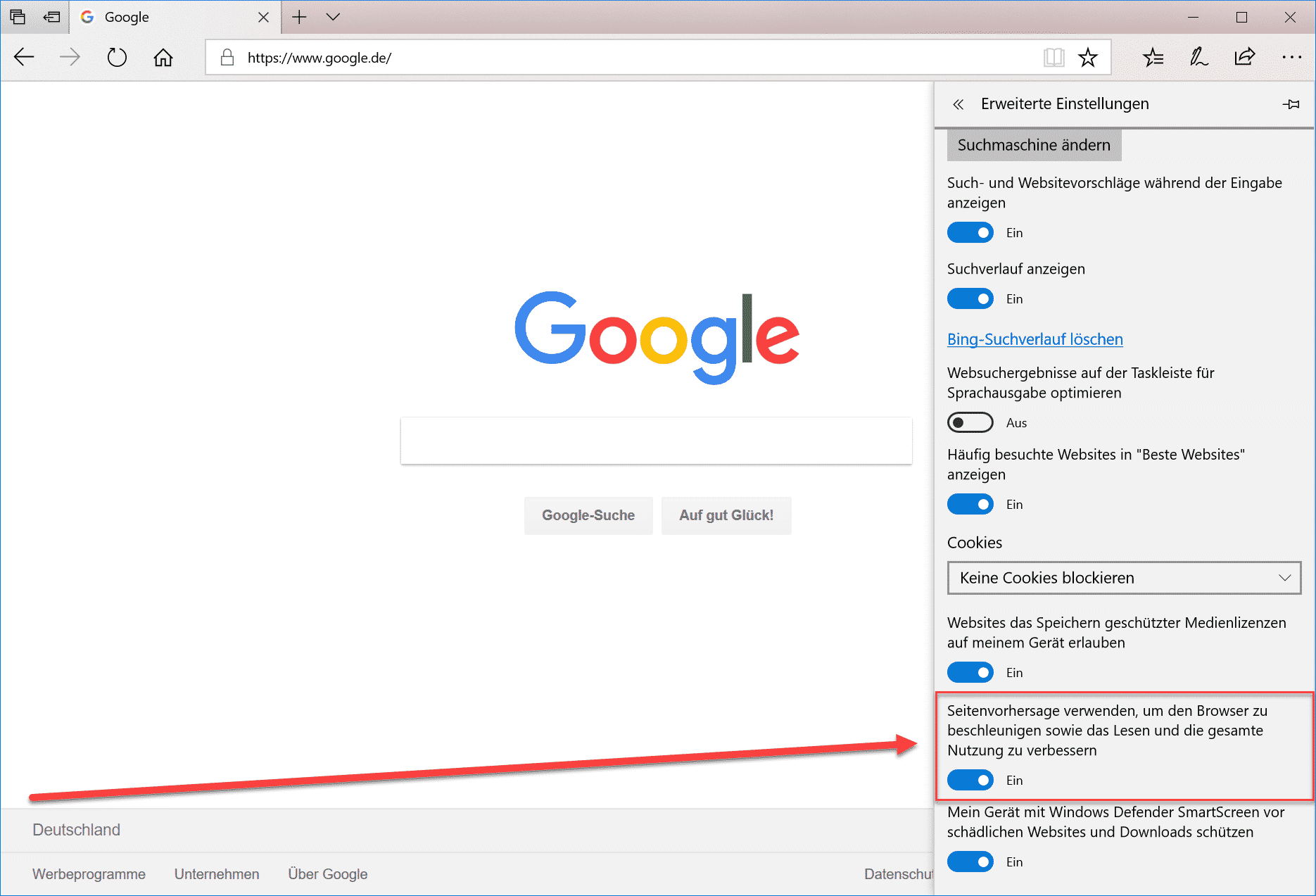 Microsoft Edge Seitenvorhersage (Prefeching) ausschalten