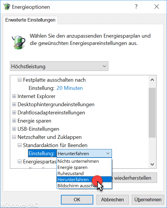 Erergieoptionen Herunterfahren