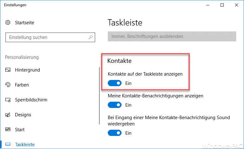 Kontakte auf der Taskleiste anzeigen