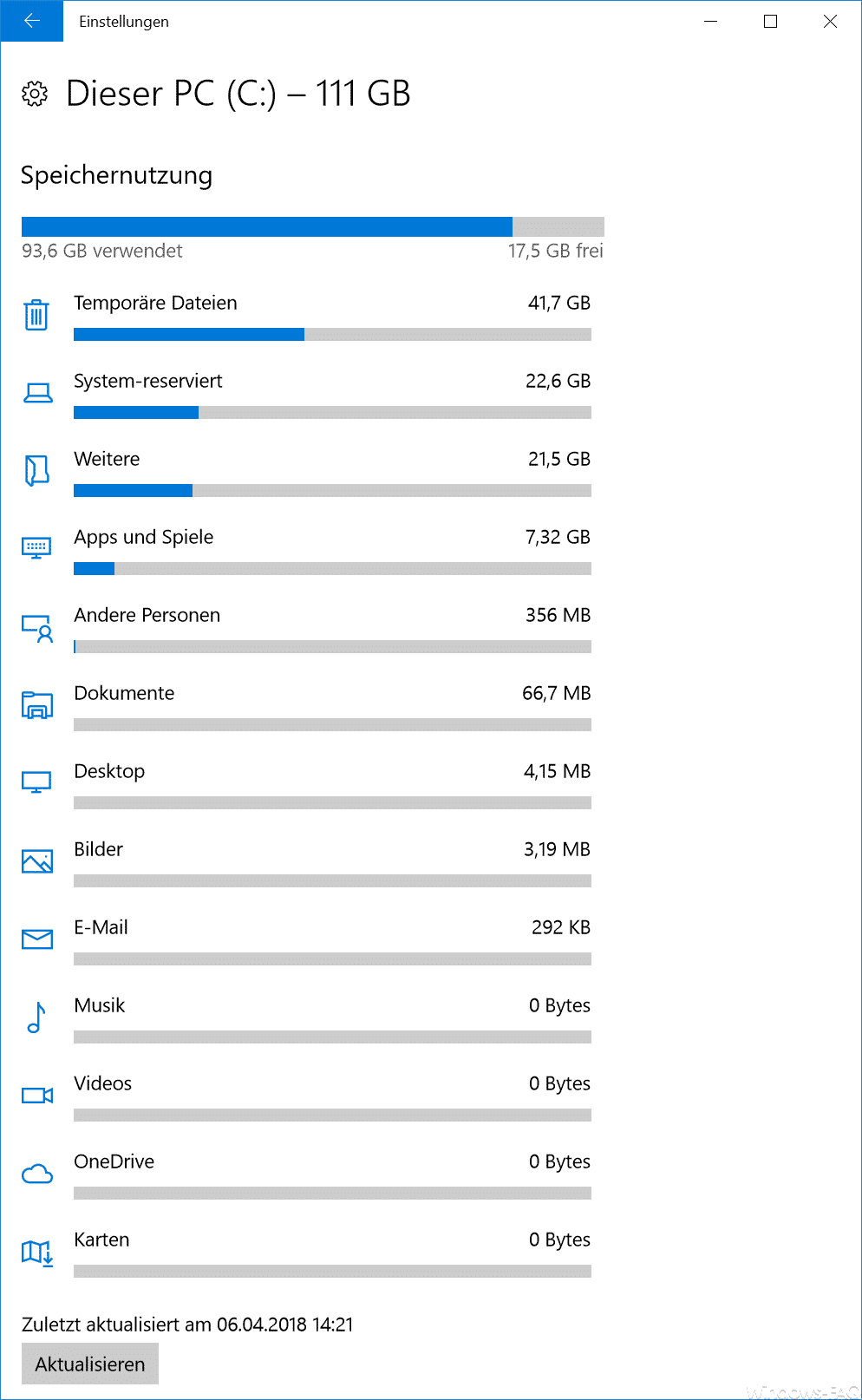 Speichernutzung Windows 10 Übersicht der einzelnen Bereiche
