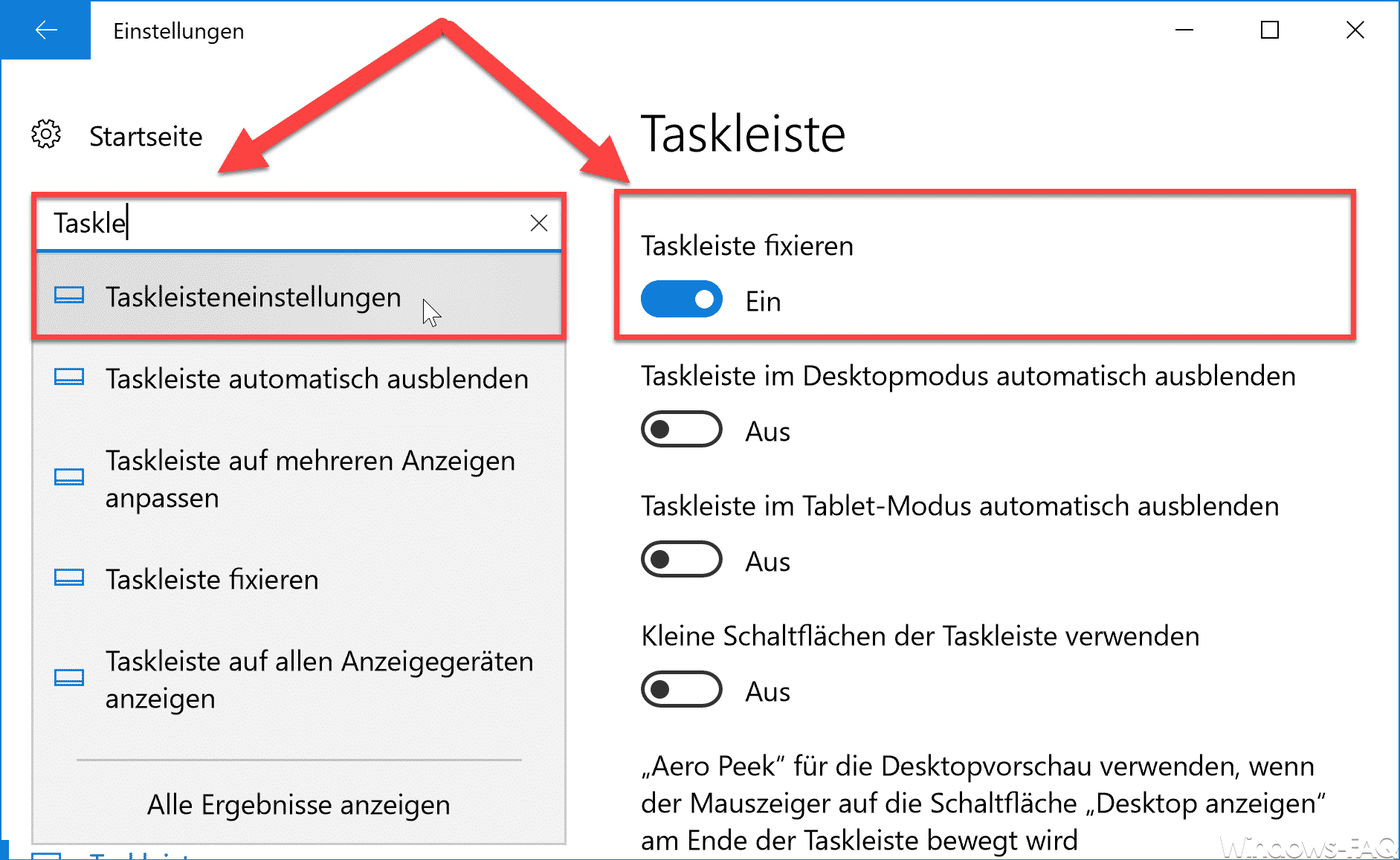 Taskleiste fixieren über Windows 10 Einstellungs-App