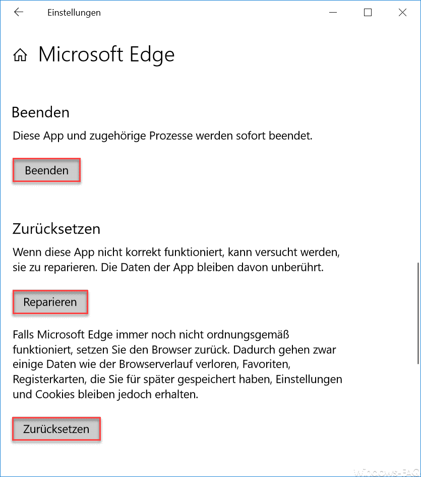 Edge beenden zurücksetzen oder reparieren