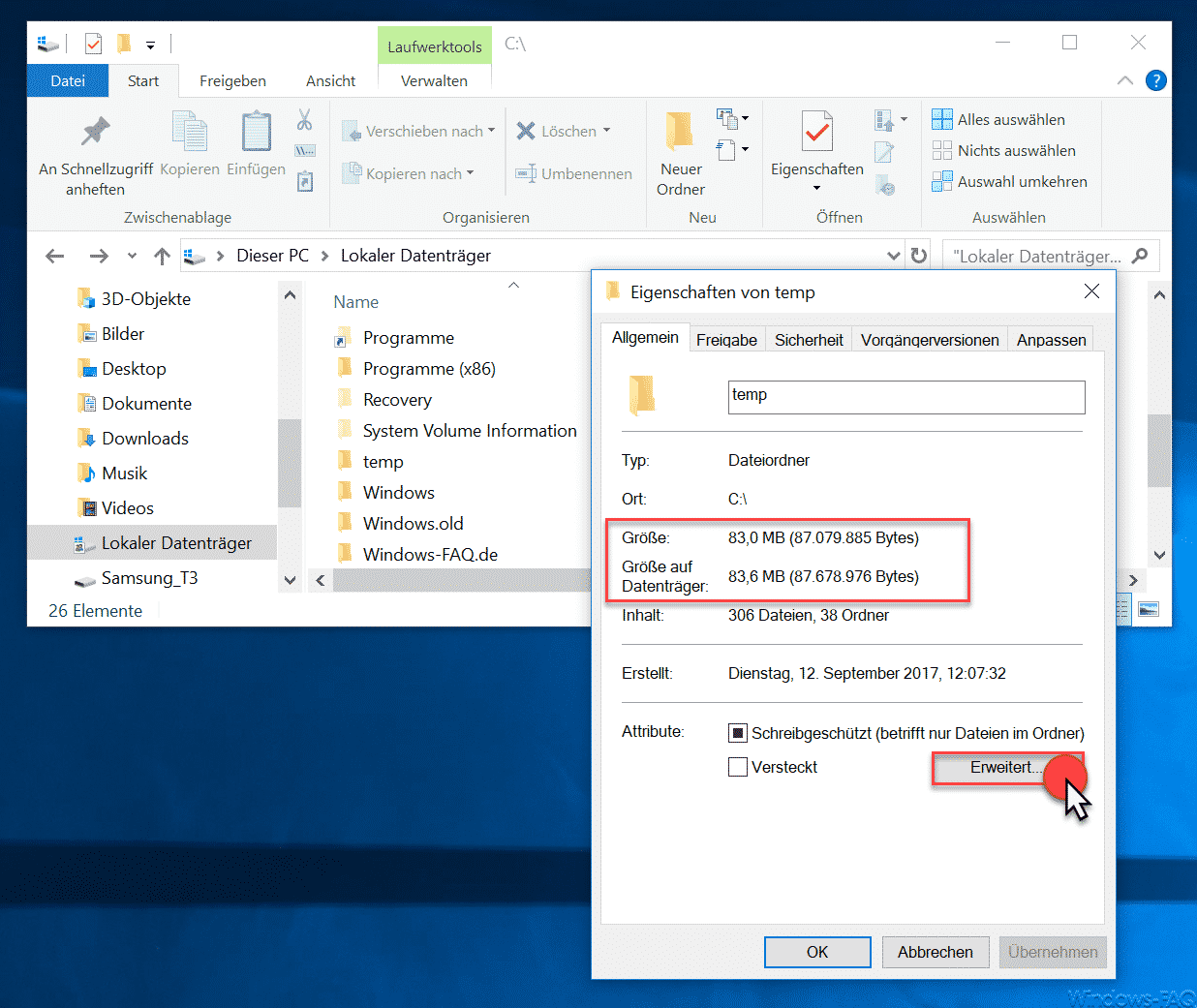 Eigenschaften eines Ordners im Windows Explorer