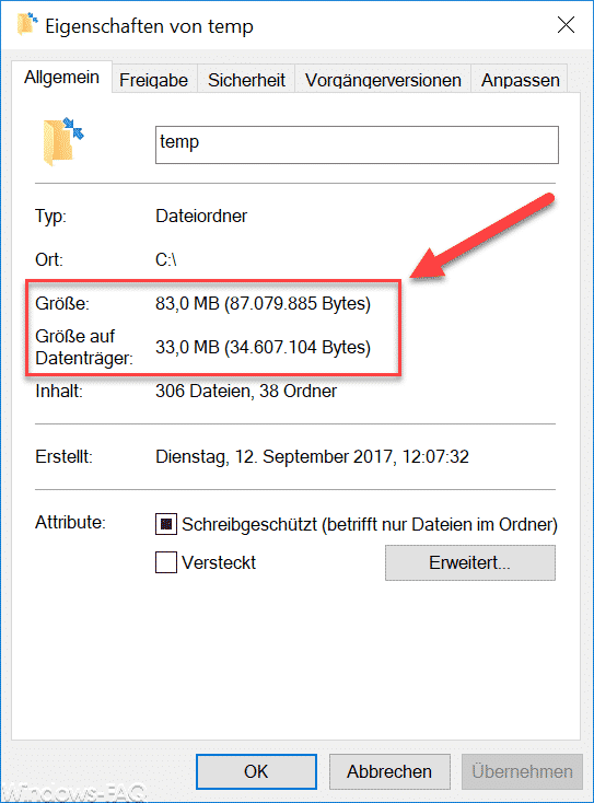 Größe des komprimierten Ordners