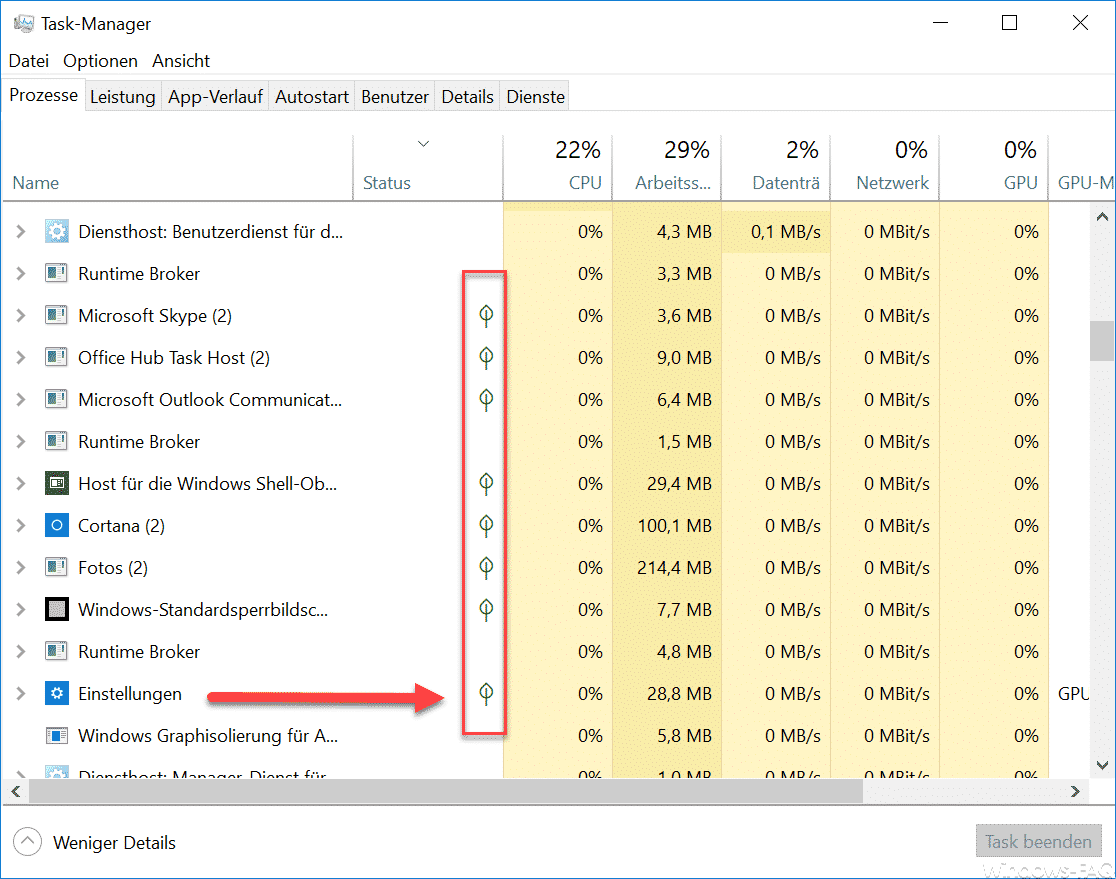Neues Symbol für angehaltene, gestoppte bzw. ausgesetzte Apps im Task-Manager