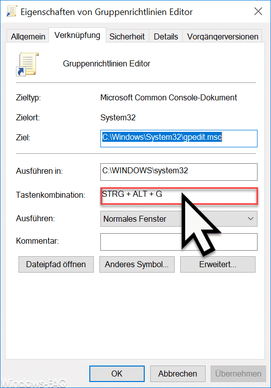 Tastenkombination von Verknüpfungen