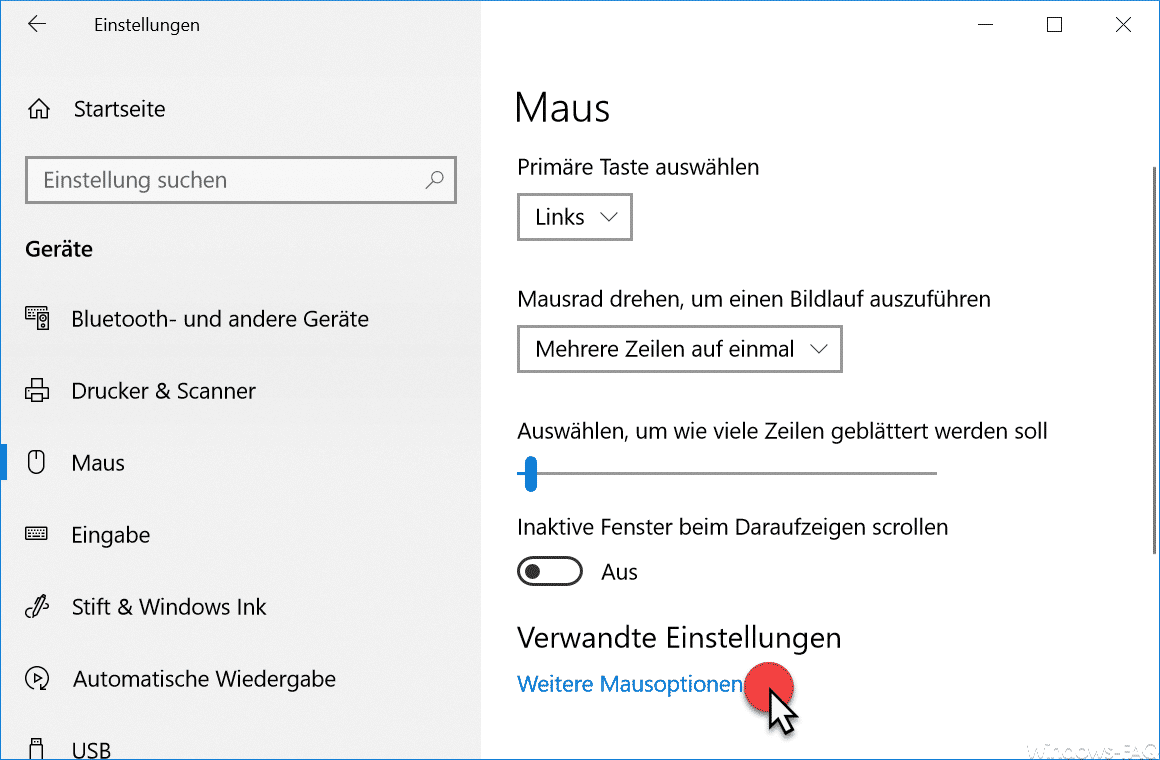 Verwandte Einstellungen - Weitere Mausoptionen