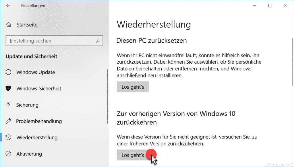 Vorherige Windows 10 Version wiederherstellen